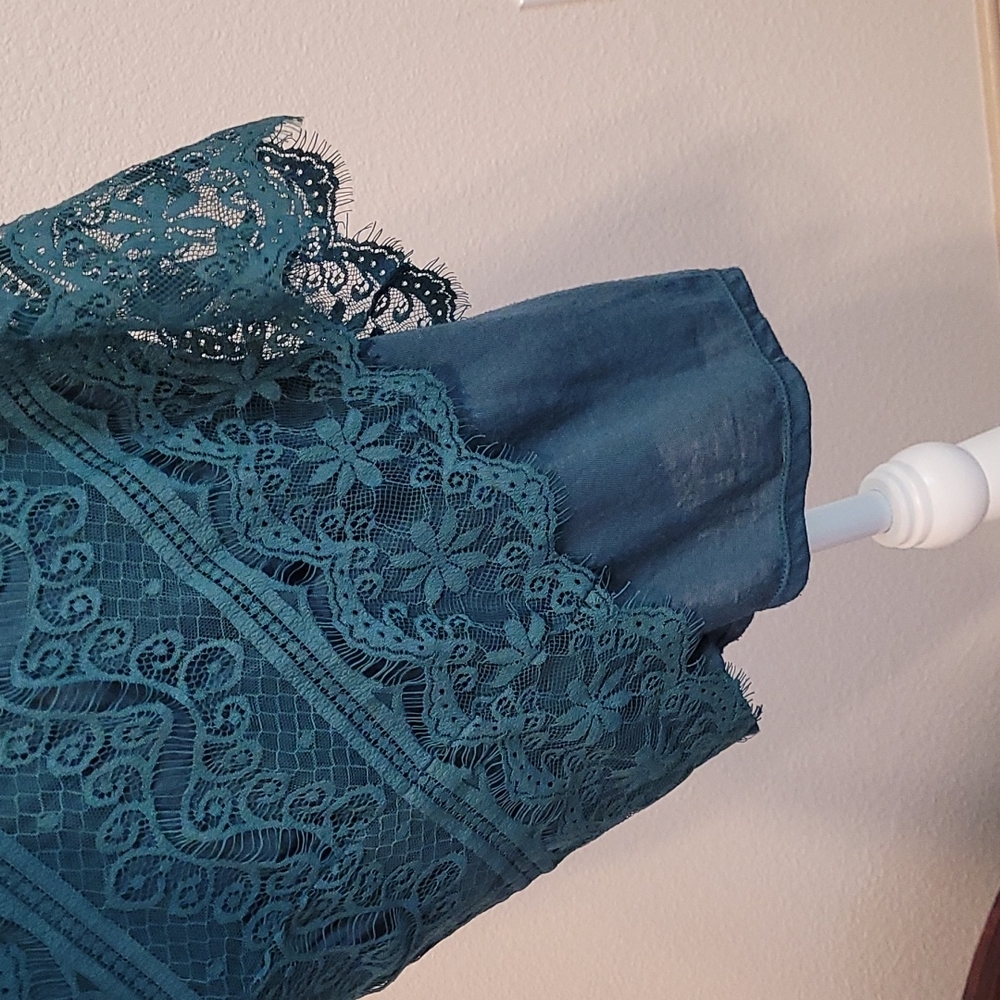 Green Side Shoulder Lace Dress M - Picture 6 of 7